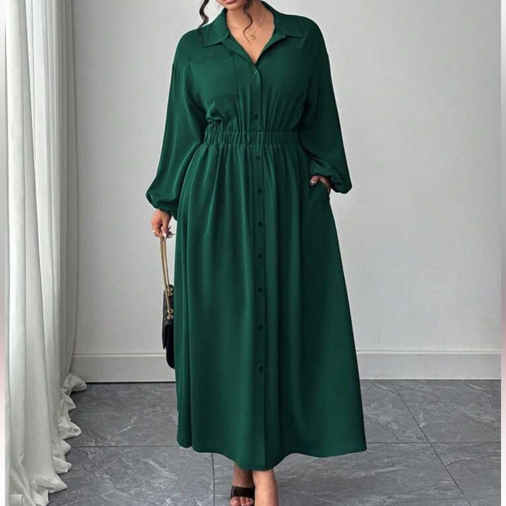 NWOT SHEIN Green Button Front Long Sleeve Maxi Dress 2XL. Great Holiday Dress!